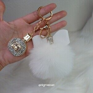 10 Perfume Bottle with Rhinestones & White Bunny Fur Ball Keychain / Bag Charm